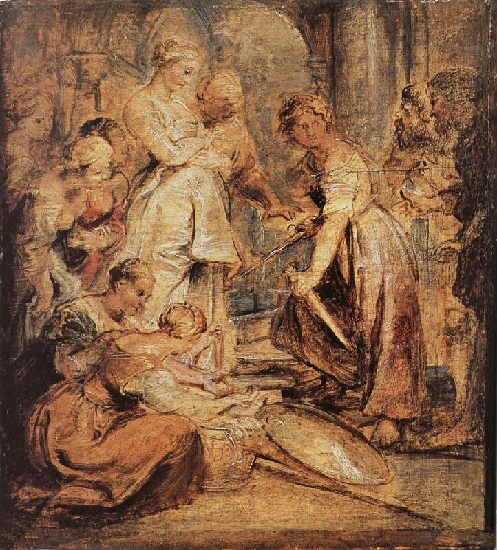 Peter Paul Rubens Aklixi standing between her daughters